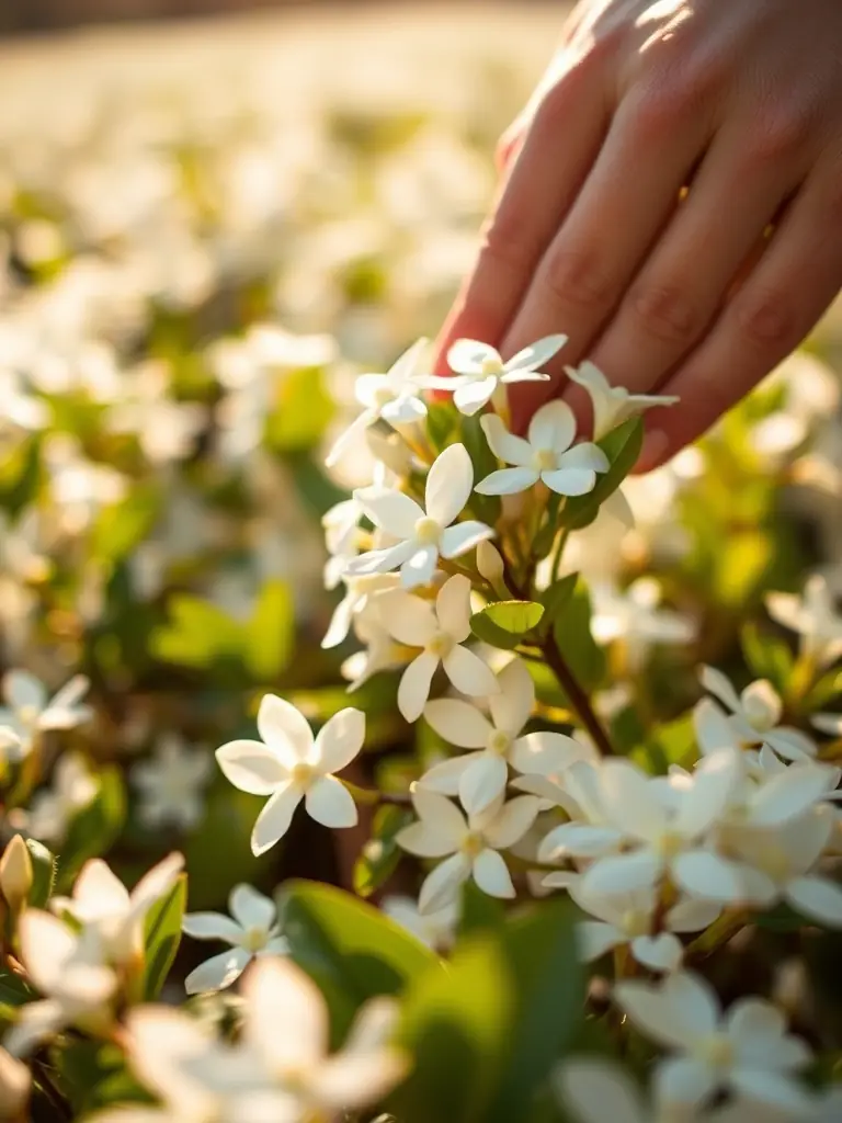 Close-up of jasmine flowers being hand-picked in Grasse, France, highlighting the premium ingredients used in the floral fragrances.