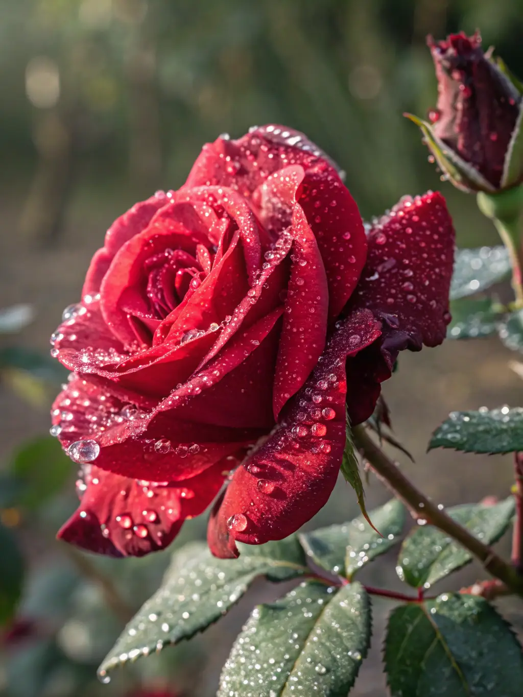Close-up shot of a blooming rose, with water droplets glistening on its petals, symbolizing the natural beauty and essence of floral fragrances.