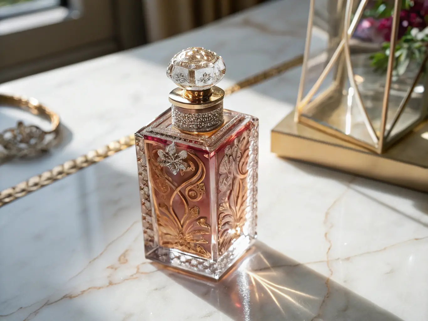 A visually stunning image of a perfume bottle from the Luxury Collection, highlighting its elegant design and the rich color of the fragrance inside.