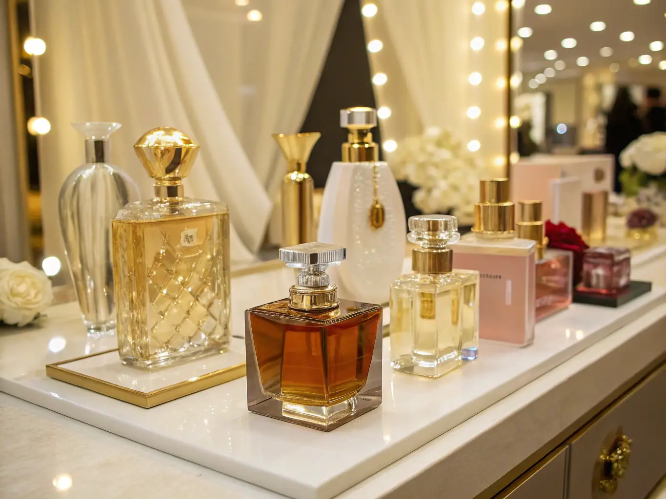 A luxurious display of various perfume bottles from the Luxury Collection, arranged artfully on a velvet surface, with soft lighting enhancing their allure.
